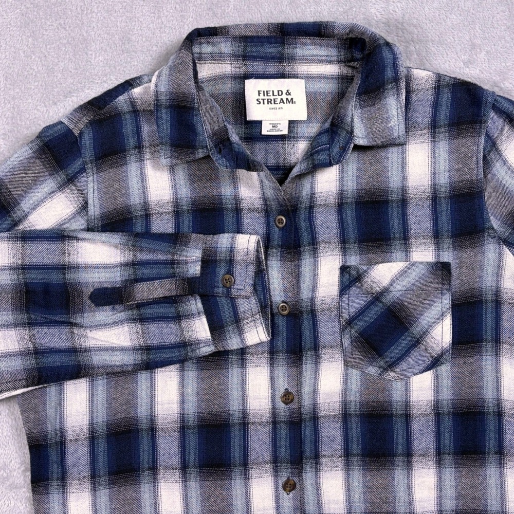 Field & Stream Women's Medium Blue Plaid Flannel Shirt Button‎ Front Soft Grunge